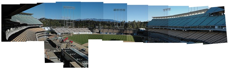 Composite photo of Dodger Stadium being renovated, January, 2013.