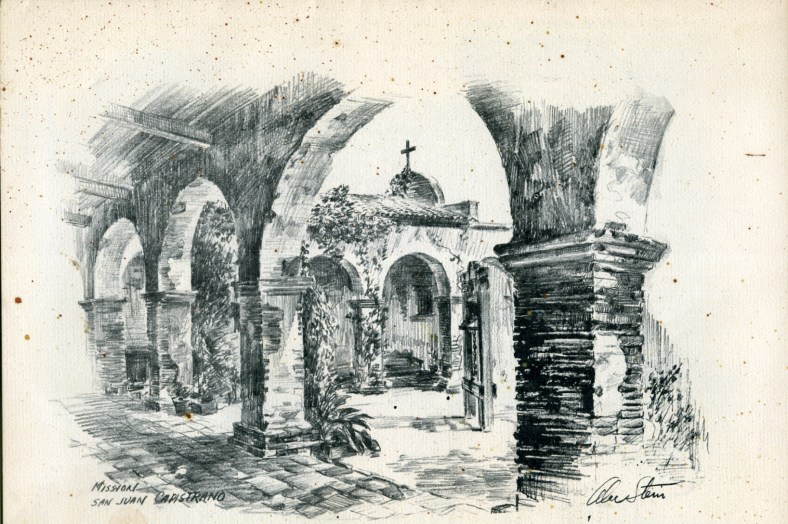 Alec Stern's etching of Mission San Juan Capistrano.