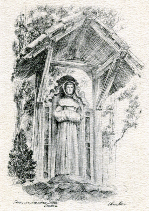 Etching of statue of Father Serra by Alec Stern