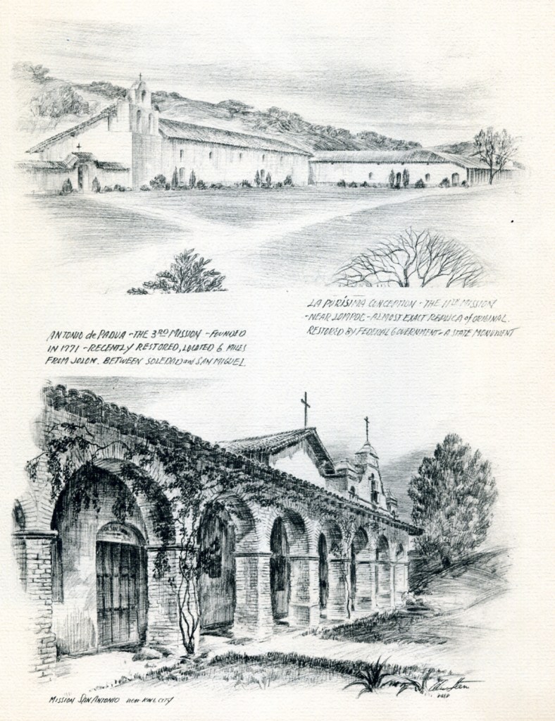 A page of etchings from Alec Stern's book featuring Mission La Purisima.