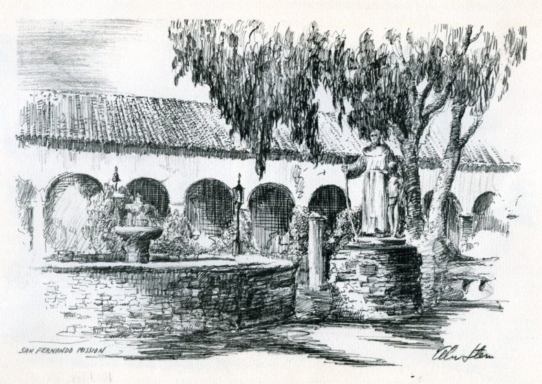 Alec Stern's etching of Mission San Fernando near where I grew up.