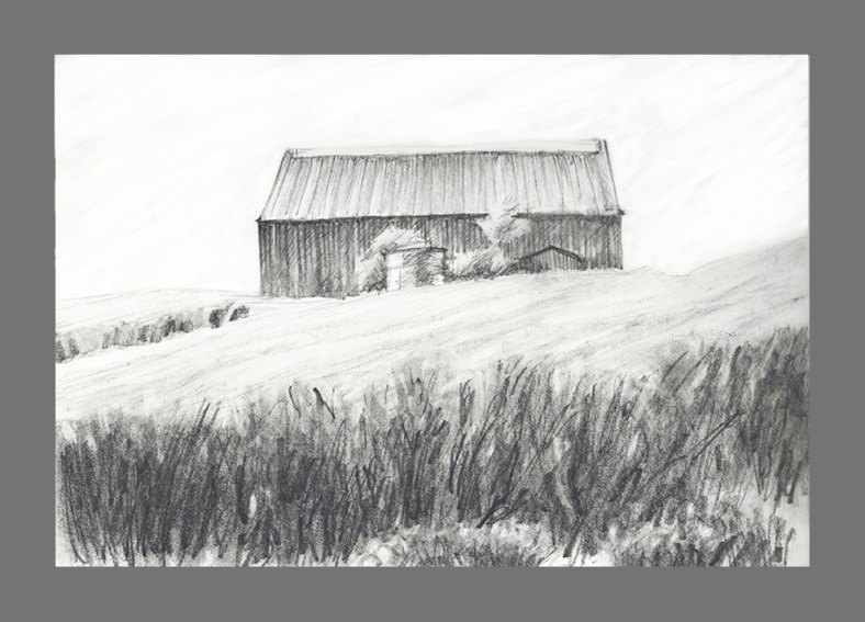 Old tobacco barn. Graphite on paper, 12" x 8.5"