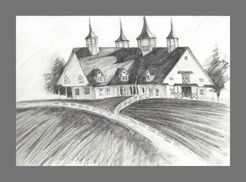This is more of a horse palace than horse barn. Graphite on paper, 12" x 8.5"