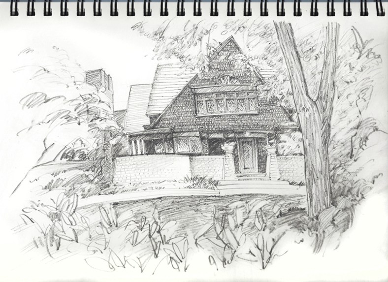 Pencil sketch of the west face of Frank Lloyd Wright's Oak Park, IL home and studio.