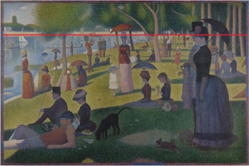 The horizon line establishes my eye level, not so coincidently, the eye level of the dominant, life-size couple on the left.